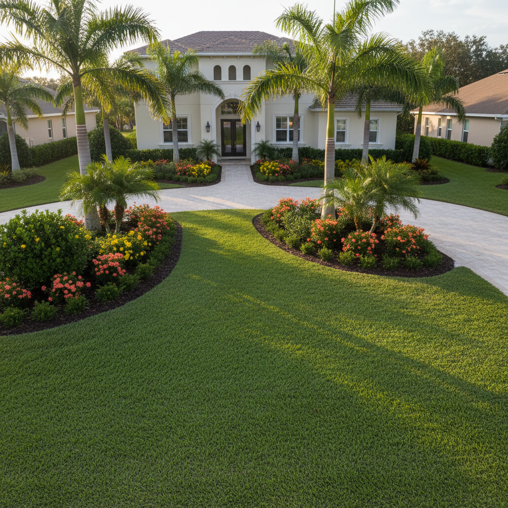 A meticulously designed Florida front yard in Sarasota featuring a sweeping, emerald-green St. Augustine lawn bordered by crisp, curved planting beds. Mature queen palms and pygmy date palms rise from mulched islands, underplanted with glossy green shrubs and bursts of coral and yellow tropical flowers. A clean paver driveway and walkway frame the scene, leading to a stucco home with a light, neutral exterior. Captured in warm late-afternoon sunlight, shadows from the palms stretch gently across the grass. Photographic realism from a slightly elevated, wide-angle perspective, with sharp focus throughout, creates a professional, polished atmosphere suitable for a high-end landscaping contractor’s homepage hero image.