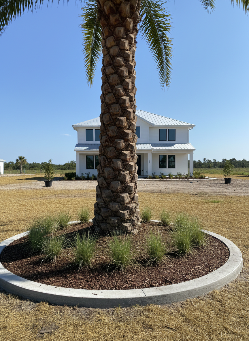 A detailed close-up of an expertly installed large Canary Island date palm in a new Sarasota landscape, its massive textured trunk banded with neatly trimmed diamond patterns. The root ball is carefully backfilled into a freshly prepared planting bed edged with smooth concrete curbing. Surrounding mulch is evenly raked, with a ring of low ornamental grasses encircling the base. In the background, a newly constructed coastal-style home and a clean, graded yard suggest ongoing development. Captured in bright, diffused midday light with minimal harsh shadows, the image uses a slightly low-angle photographic realism perspective, emphasizing the palm’s scale and stability. The mood is confident and professional, communicating precision, expertise, and the capability to handle large palm installations for new construction projects.