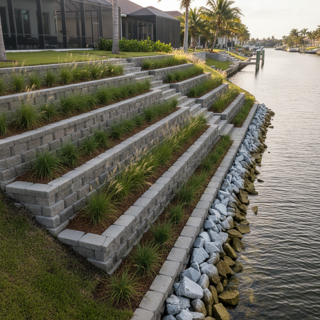 A sloped waterfront property in Sarasota stabilized with a professionally engineered erosion control system. Tiered terraces step gently down toward a calm canal, each level supported by clean, interlocking concrete block retaining walls in muted stone-gray tones. Native grasses and salt-tolerant shrubs are deeply rooted into geotextile-reinforced soil, their foliage moving softly in a coastal breeze. The water’s edge features a neat riprap line of angular limestone rock, preventing washout. Soft late-morning sunlight reflects off the water, casting a shimmering glow on the lower stones. Photographic realism from a three-quarter elevated view, with sharp focus on the retaining structures and plantings, conveys a secure, stable, and highly professional atmosphere that emphasizes functional, attractive erosion control solutions.