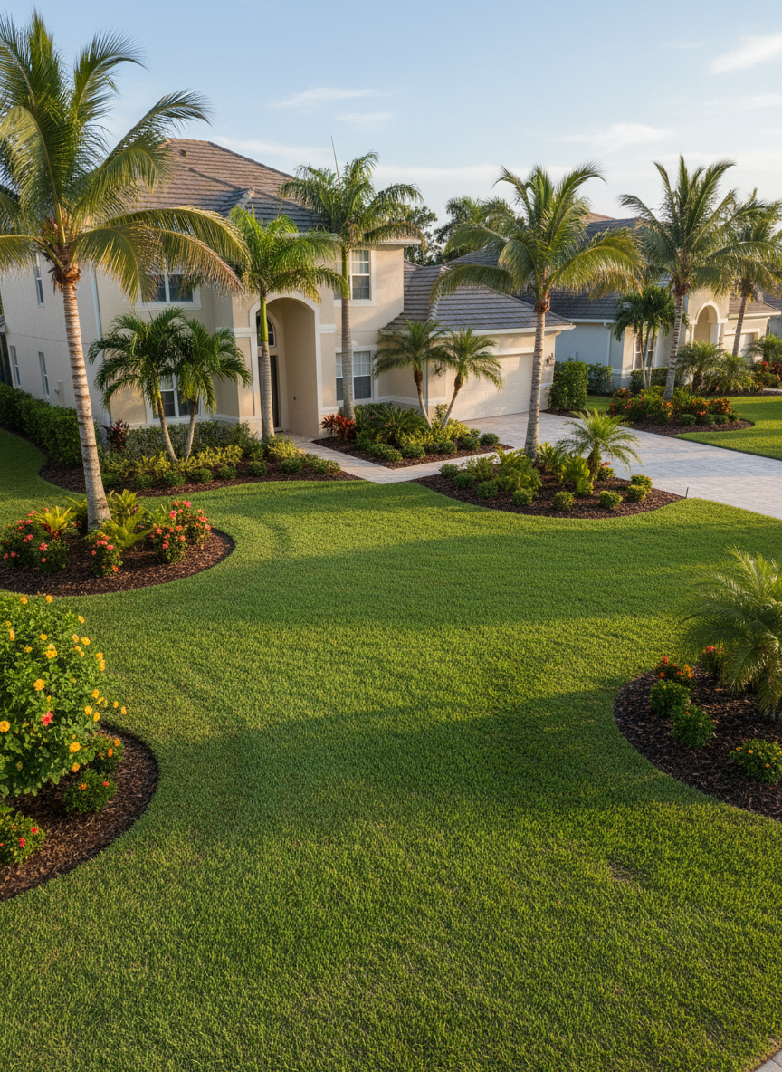 A meticulously designed Florida front yard in Sarasota featuring a sweeping, emerald-green St. Augustine lawn bordered by crisp, curved planting beds. Mature queen palms and pygmy date palms rise from mulched islands, underplanted with glossy green shrubs and bursts of coral and yellow tropical flowers. A clean paver driveway and walkway frame the scene, leading to a stucco home with a light, neutral exterior. Captured in warm late-afternoon sunlight, shadows from the palms stretch gently across the grass. Photographic realism from a slightly elevated, wide-angle perspective, with sharp focus throughout, creates a professional, polished atmosphere suitable for a high-end landscaping contractor’s homepage hero image.