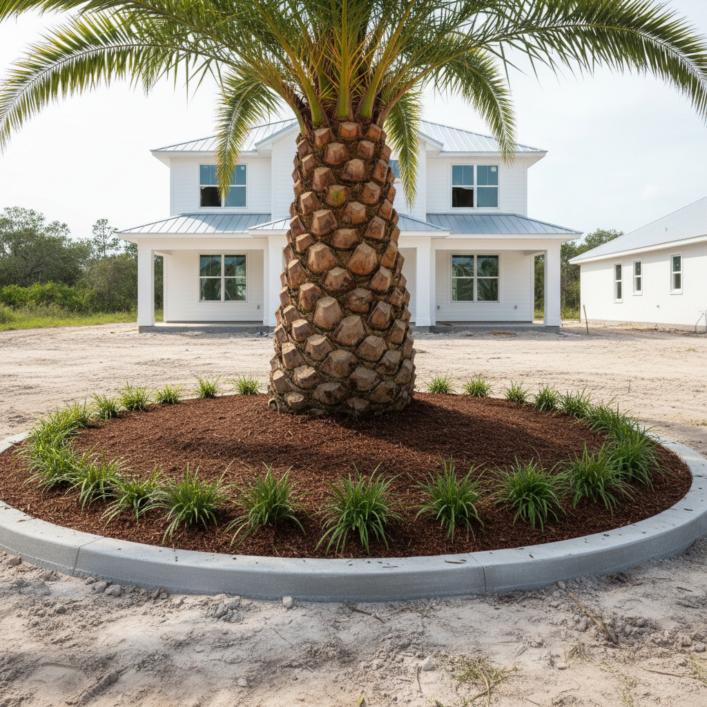 A detailed close-up of an expertly installed large Canary Island date palm in a new Sarasota landscape, its massive textured trunk banded with neatly trimmed diamond patterns. The root ball is carefully backfilled into a freshly prepared planting bed edged with smooth concrete curbing. Surrounding mulch is evenly raked, with a ring of low ornamental grasses encircling the base. In the background, a newly constructed coastal-style home and a clean, graded yard suggest ongoing development. Captured in bright, diffused midday light with minimal harsh shadows, the image uses a slightly low-angle photographic realism perspective, emphasizing the palm’s scale and stability. The mood is confident and professional, communicating precision, expertise, and the capability to handle large palm installations for new construction projects.