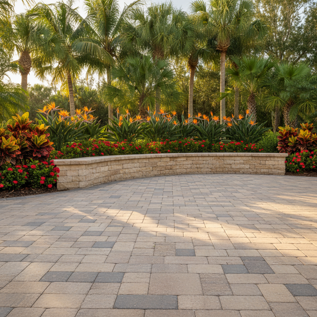 An elegant Sarasota backyard oasis showcasing a custom hardscape patio made of tan and charcoal tumbled pavers, arranged in a subtle herringbone pattern. A low, curved retaining wall doubles as seating, faced with textured stone in soft sandy tones. Lush, well-groomed tropical plantings—bird of paradise, crotons, and dwarf ixora—soften the edges, while tall palms form a green privacy screen at the property line. Soft golden hour light creates gentle highlights on the stone and casts dappled shadows from the palm fronds. Photographic realism from an eye-level composition with slight depth, the foreground pavers in crisp focus and the layered garden beds gradually softening, projecting a serene, resort-like and professional atmosphere.