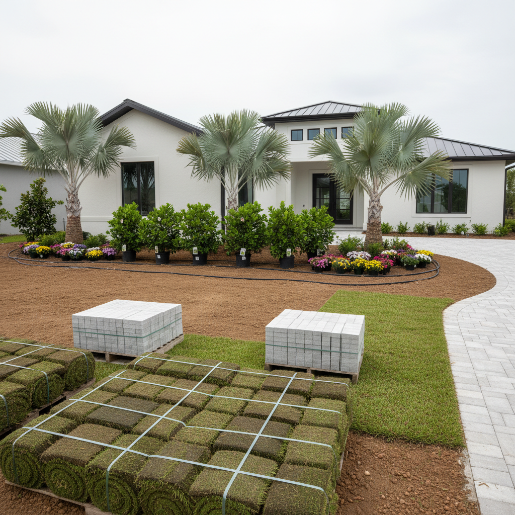 A pristine new construction site in Sarasota nearing landscape completion, featuring freshly graded soil, neatly stacked pallets of pavers, and organized rolls of sod ready for installation. Along the perimeter, newly trenched beds are lined with irrigation tubing, waiting for plant placement. A row of containerized palms and shrubs—silver Bismarck palms, viburnum hedges, and colorful groundcover—stands in the mid-ground, carefully arranged and labeled. The partially finished driveway of light-gray pavers leads toward a modern coastal-style home with clean lines. Overcast, diffused daylight evenly illuminates the scene, reducing harsh contrasts and highlighting the orderliness of the work. Photographic realism from a wide, eye-level perspective, with strong depth of field, creates a calm, organized, and highly competent mood, ideal for showcasing full-service new construction landscaping capabilities.